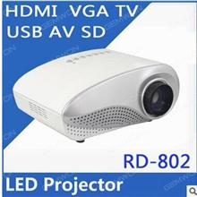 Mini LED project ,support  1080p   DC;12V/2A    projector distance  1.2--3.6 meter. HDMI  SD  USB  VGA  AV  TV . white Projector RD802