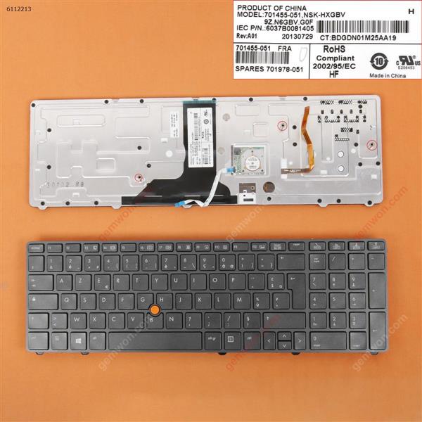 HP 8760W GRAY FRAME GRAY Backlit(With Point stick,Win8) FR N/A Laptop Keyboard (OEM-B)