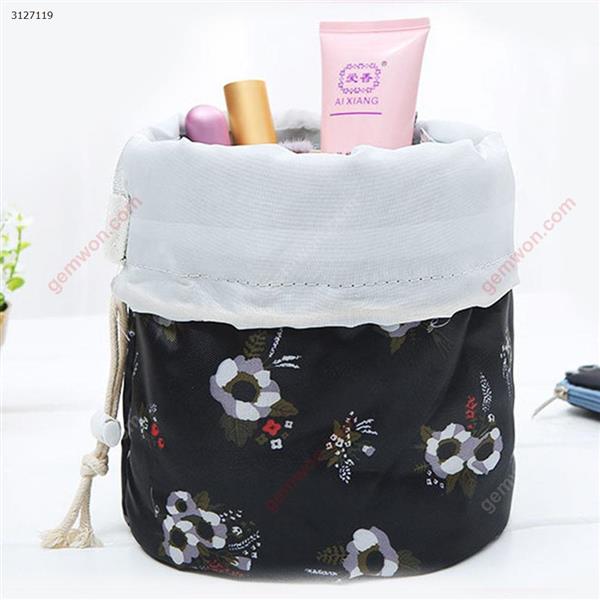 Large-capacity multi-function portable drawstring travel storage bag cylinder cosmetic bag（Black flowers） Outdoor backpack n/a