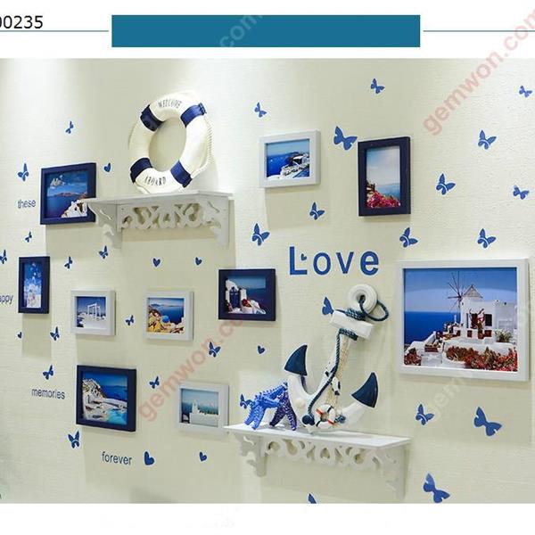 White -Blue Mediterranean Core Decorations Photo Wall Photo Frame Combination Living Room Bedroom Wall Photo Wall,10PCS Photo Frame + Butterfly Wall Stickers + Rack(Not Included The Ornaments On The Rack) Home Decoration N/A