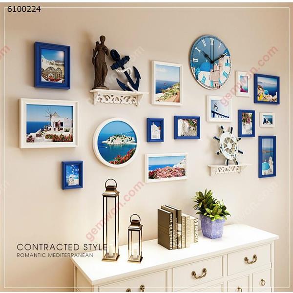 Creative Mediterranean Style Decorations European Photo Wall Photo Frame Combination Living Room Bedroom Wall Photo Wall,14PCS Photo Frame +2PCS Rack + 1PCS European Wooden Clock (Not Included The Ornaments On The Rack) Home Decoration N/A
