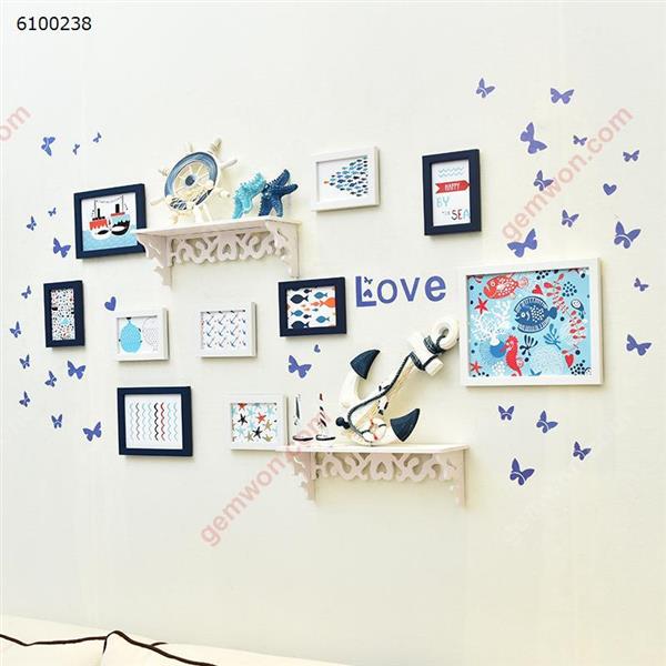 White -Blue Cartoon Mediterranean Core Decorations Photo Wall Photo Frame Combination Living Room Bedroom Wall Photo Wall,10PCS Photo Frame + Butterfly Wall Stickers + Rack(Not Included The Ornaments On The Rack) Home Decoration N/A