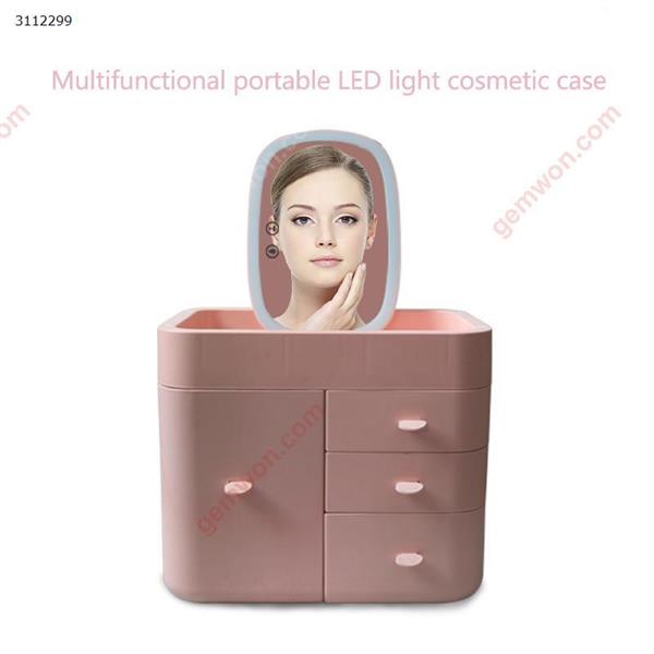 New multifunctional makeup storage box with LED makeup mirror，pink Makeup Brushes & Tools  Makeup mirror storage box