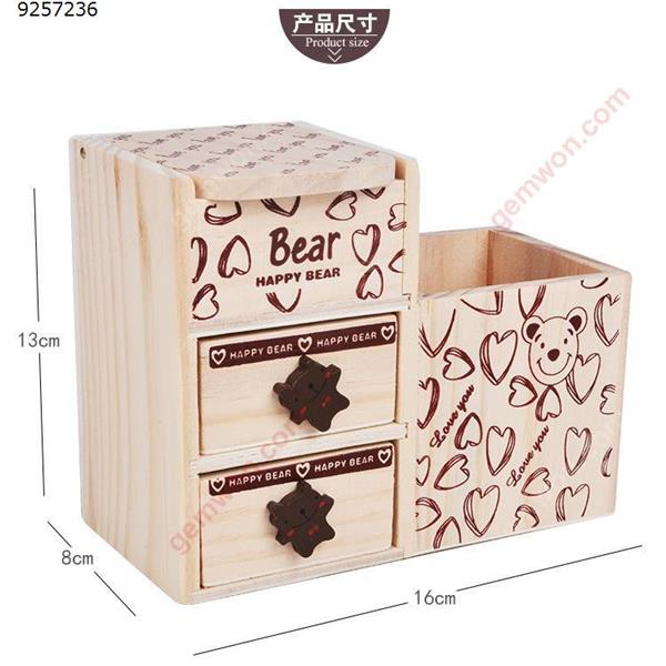 Cute Bear Pattern Wood Pencil Pen Holder Organizer Double Drawers Storage Box for Desk Desktop Stationery School Office Supplies  Office Products N/A