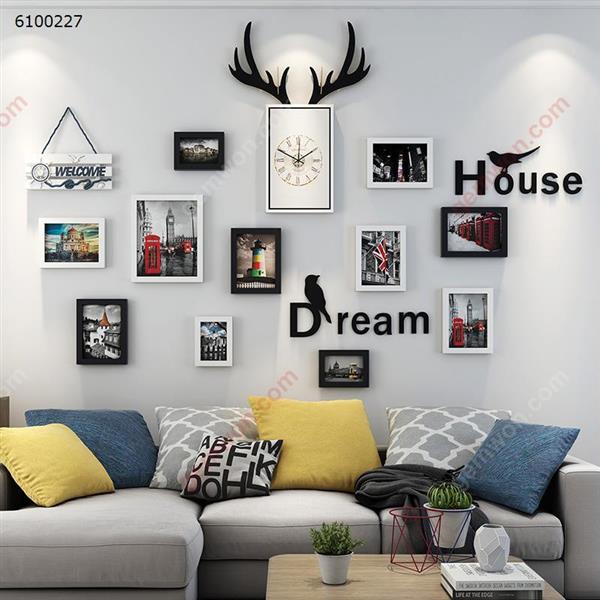 Black and White Classic Architecture Decorations European Photo Wall Photo Frame Combination Living Room Bedroom Wall Photo Wall,11PCS Photo Frame  + 1PCS Antler Clock +  Letter Wall Stickers + 2PCS Bird Wall Stickers + 1PCS Welcome Listing Home Decoration N/A