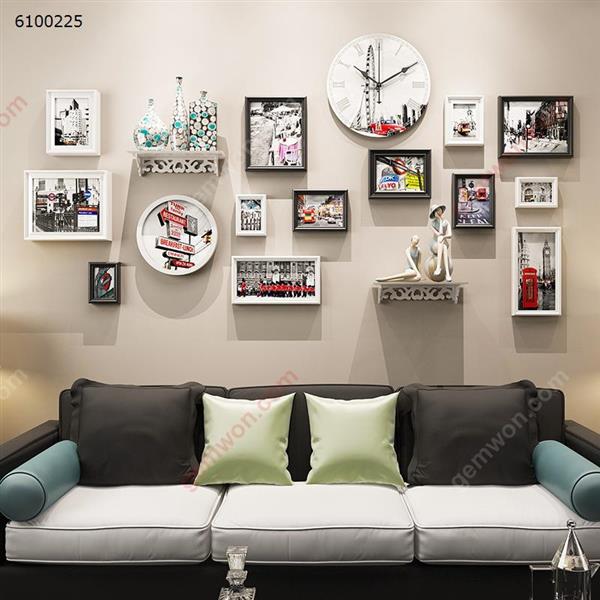Black and White City Memory Decorations European Photo Wall Photo Frame Combination Living Room Bedroom Wall Photo Wall,14PCS Photo Frame +2PCS Rack + 1PCS European Wooden Clock (Not Included The Ornaments On The Rack) Home Decoration N/A