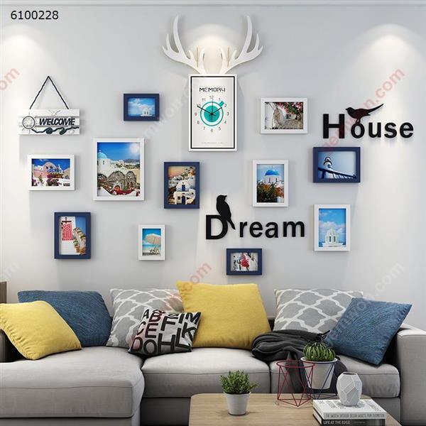 White - Blue Photo Frame + Mediterranean Core Decorations Photo Wall Photo Frame Combination Living Room Bedroom Wall Photo Wall,11PCS Photo Frame  + 1PCS Antler Clock +  Letter Wall Stickers + 2PCS Bird Wall Stickers + 1PCS Welcome Listing Home Decoration N/A