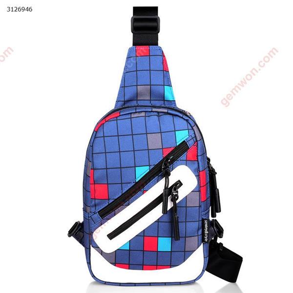 Men's shoulder bag diagonal cross-body sports Oxford cloth chest bag Student Messenger bag(No USB square plaid blue) Outdoor backpack n/a