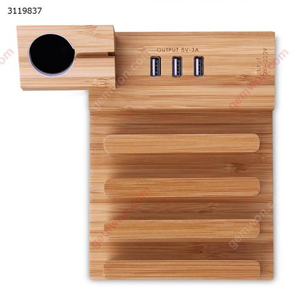 3-port USB Mobile Phone Charging Stand Holder Bamboo Wood Charger Base Multifunctional Charge Support Desktop Bracket for iphone for Tablet,EU Charger & Data Cable WDO9