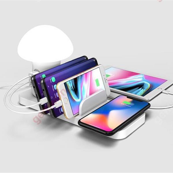 Mushroom Light Multi-Port USB Charging Stand With Wireless Charger,Quick Charge 3.0 Wall Charger USB Concentration(3 Ports) Fast Charging Compatible With Most Smartphones,Tablets etc Other Cell Phone USB Hub Stand Charging Docking Station,White(UK) Charger & Data Cable YRX-088