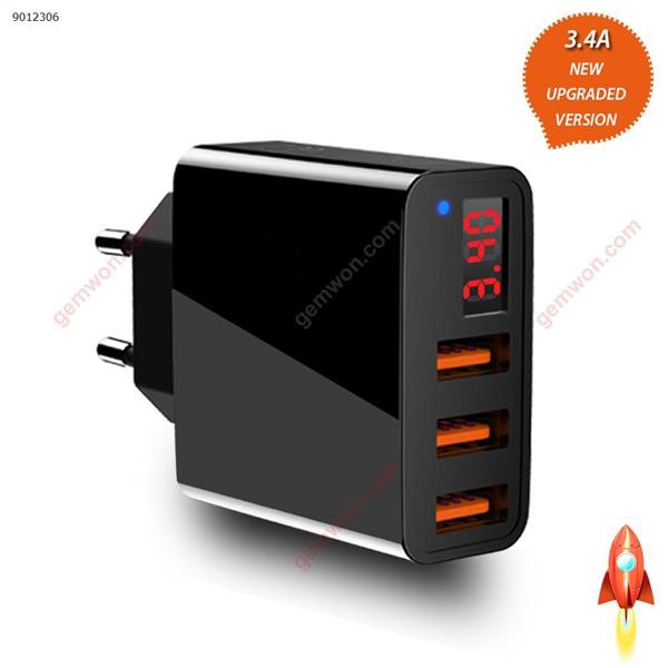 3.4A USB Wall Charger 3 Port LED Display Voltage Current EU Plug Mobile Phone USB Travel Charger Charging(BLACK) Charger & Data Cable N/A