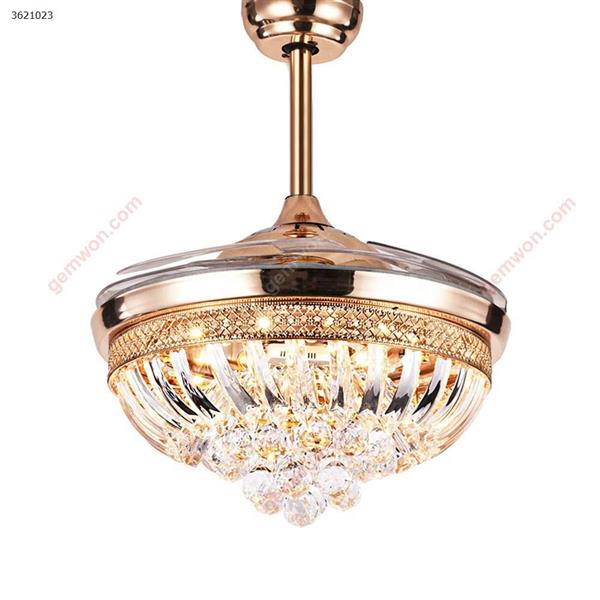 42 Inch Retractable Crystal Ceiling Fans Light with Remote Control 3 Color Change 4-Blade Invisible Ceiling Fan Chandelier Art Decoration (Gold) LED String Light KBS-Y4239