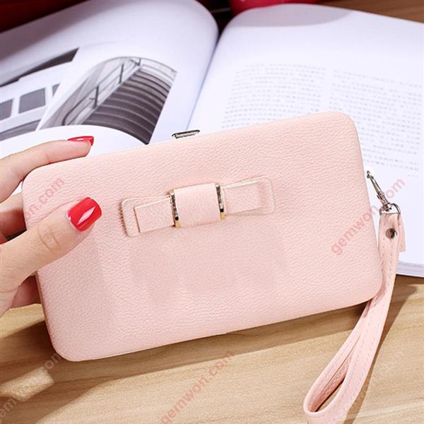 Multifunctional creative ladies wallet long bow mobile phone bag large capacity bag，young pink Case BOW MOBILE WALLET