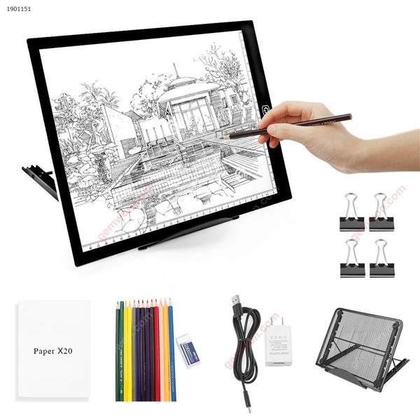 Package 1：LED Painting Copy Board A4 (330*230*3.5MM)Scaled, dotless, A4, Polarless Dimming + 1.5 USB WireA Graphite Pencil1 rubber liniment12 short color pencilsTwenty drawings4 clamps2 protectorAn English Manual Home Decoration LED PAINTING COPY BOARD