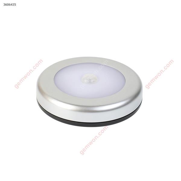 Creative round smart home night light led infrared body sensor light corridor bedroom bedside table lamp（White, white light）（Silver） LED Bulb LEDD-CH