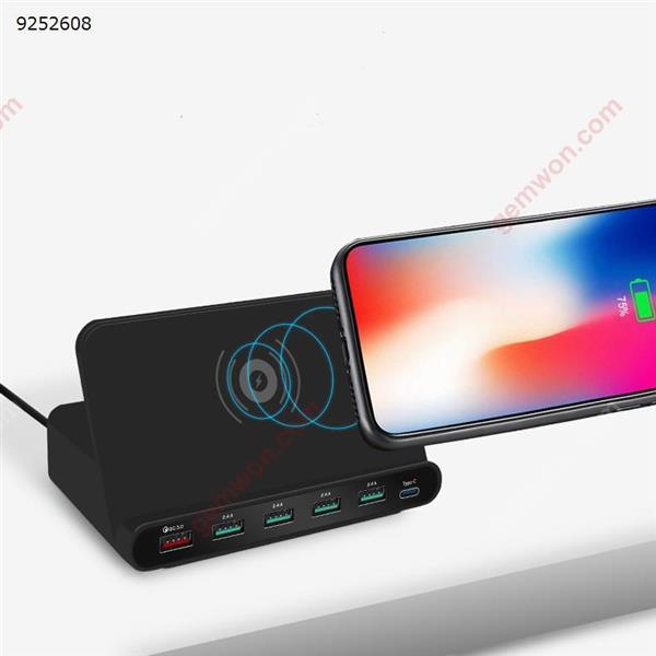 Three In One Fast Wireless Charger USB Multi-Port QC3.0 Fast Charge Mobile Phone Wireless Charging Bracket,Interface:USB, Type-C,Black(UK) Charger & Data Cable 828W
