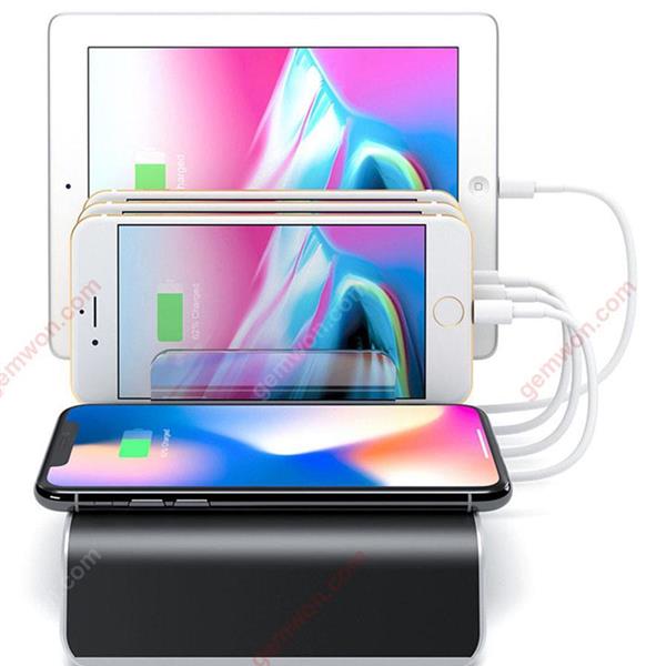 Faster Charging Station,5-in-1 Multiple Phone Dock Stand With 3 USB Ports  & 1 Type-C & 1 QI Wireless Charging Pad,Compatible Samsung, iPhone, Ipad (US,Black) Charger & Data Cable YM-UD09