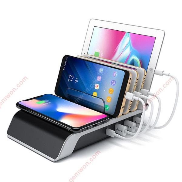 Faster Charging Station,5-in-1 Multiple Phone Dock Stand With 3 USB Ports  & 1 Type-C & 1 QI Wireless Charging Pad,Compatible Samsung, iPhone, Ipad (AU,Black) Charger & Data Cable YM-UD09