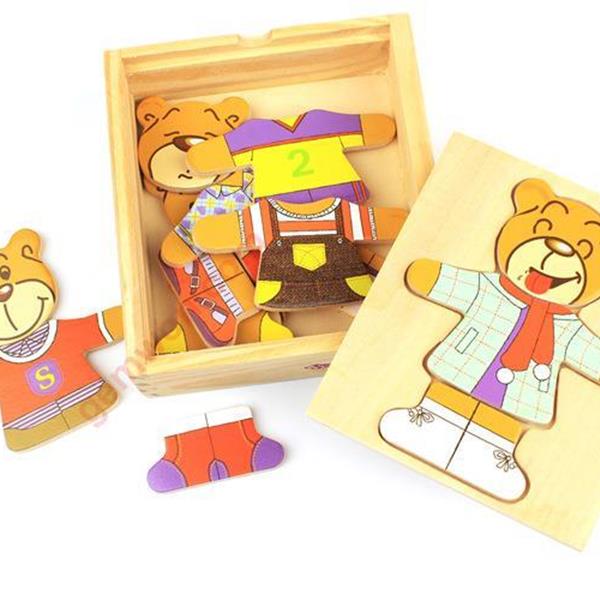 Baby Wooden Clothes Children Cartoon Figure Dress Up Puzzle Set Toy Male Bear Change Clothes,Size:14X13X4.2CM Puzzle Toys N/A