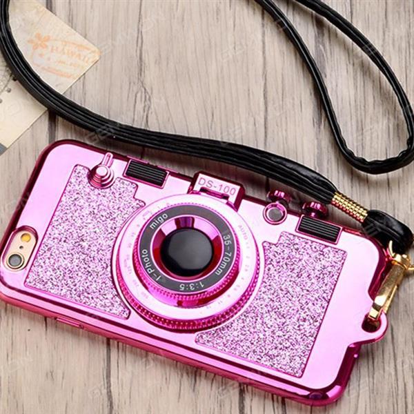 iPhone6 Camera mirror case，Imitation camera，Mirror creative stand，Synthetic leather strap with whole package of soft glue，rose red Case iPhone6 Camera mirror case