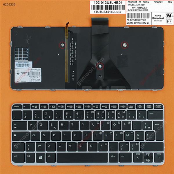 HP Elitebook Folio 1020 G1 SILVER FRAME BLACK(Backlit,Win8) FR N/A Laptop Keyboard (OEM-B)