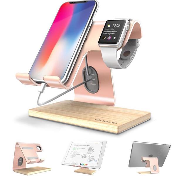 Tablet Watch Stand Desktop Aluminum Cell Phone Charging Dock Wood Base Multifunction Holder for Watch iPhone X iPad Samsung，rose gold Mobile Phone Mounts & Stands LEIXIN0809