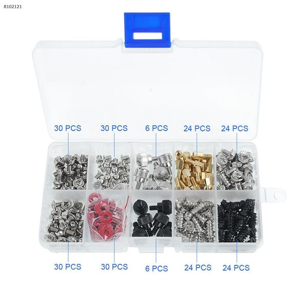 228pcs Computer Case Screws Kit For Motherboard PC Case Fan.Main board insulation gasket (red M3 x 8) : 30 pcs①Main board fixed screws (M3 x 5) : 30 pcs②Chassis hand twist screws (silver M3.5 x 5) : 6 pcs③Hard drive screw (M3.5 x 5) : 30 pcs④Chassis hand twist screw (black M3.5 x 5) : 6 pcs⑤Main board conventional copper column (M3 x 6 + 6) : 24 pcs⑥Conventional chassis fan retaining screw (white zinc M5 x 10) : 24 pcs⑦Cd-rom set screws (M3 x 4) : 30 pcs⑧Chassis high-strength screw (M3.5 x 6) : 24 pcs⑨Conventional chassis fans retaining screw (black M5 x 10) : 24 pcs Computer Accessories N/A