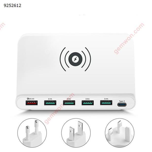 Three In One Fast Wireless Charger USB Multi-Port QC3.0 Fast Charge Mobile Phone Wireless Charging Bracket,Interface:USB, Type-C,White(EU) Charger & Data Cable 828W