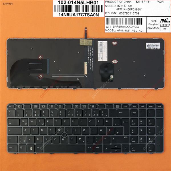 HP EliteBook 755 G3 850 G3 850 G4 ZBook 15u G3 G4 GRAY FRAME BLACK (with point,Backlit,Win8) GR 821157-041 MPM14N56D0J9301 P/N 6037B0116704 Laptop Keyboard (OEM-B)
