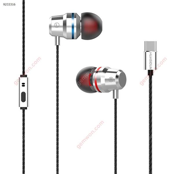 USB-C Type-C Stereo Earbuds Earphone Music Headset Super Bass Headphone with Mic Silver Headset N/A