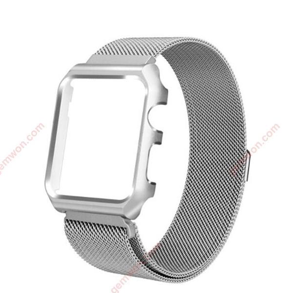 38 MM Applicable Apple Watch smart watch one or two generations, magnetic strap + metal frame integrated,Silver Case 38 MM Strap + metal case