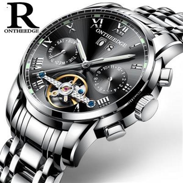 Solid Stainless Steel Mandola Flywheel Automatic Mechanical Watch Black Silver  Smart Wear RZY032
