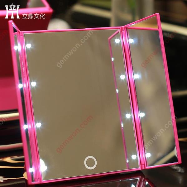 LED Makeup Mirror Three-sided Folding Touch Sensor Magnifier Three-folding Dressing Mirror Light Emitting Mirror Pink Home Decoration SK1706
