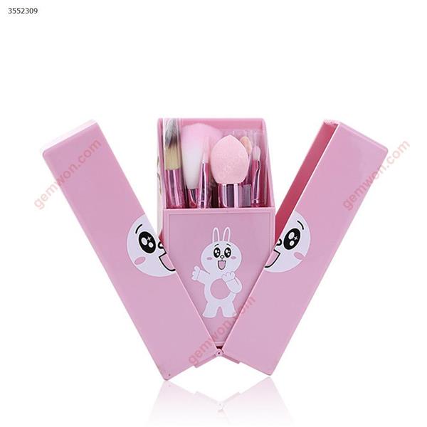 Portable travel mirror with boxed makeup brush，8 sets of brush, travel makeup artifact  Pink Makeup Brushes & Tools S300