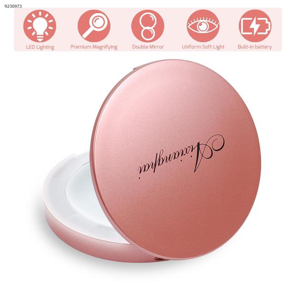 LED Travel Lighted Makeup Light with Mirror, Aixiangpai 1X/5X Double Sided Magnifying Mirror,Pink Smart Gift Ø9.1*1.7CM