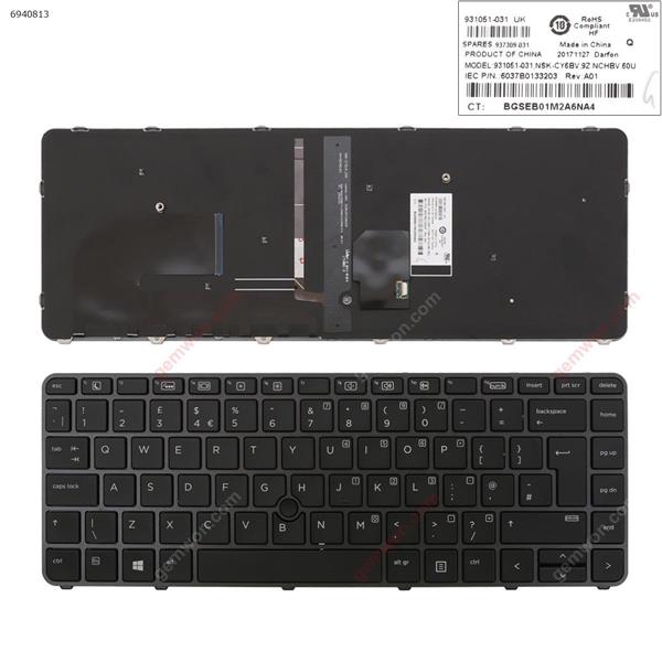 HP EliteBook 840 G3 GRAY FRAME BLACK (with point, Backlit,Win8) UK 6037B0113308 Laptop Keyboard (OEM-A)