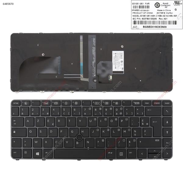 HP EliteBook 840 G3 GRAY FRAME BLACK (with point, Backlit,Win8) FR 037B0113323 Laptop Keyboard (OEM-A)