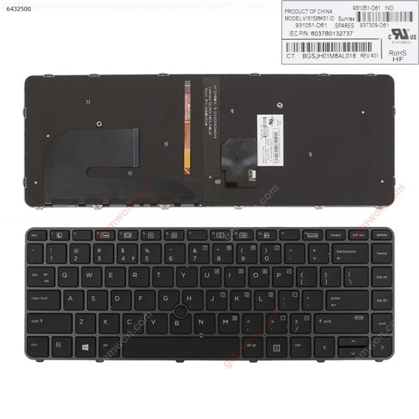 HP EliteBook 840 G3 GRAY FRAME BLACK (with point,Backlit,Win8) US 6037B0133213 Laptop Keyboard (OEM-A)