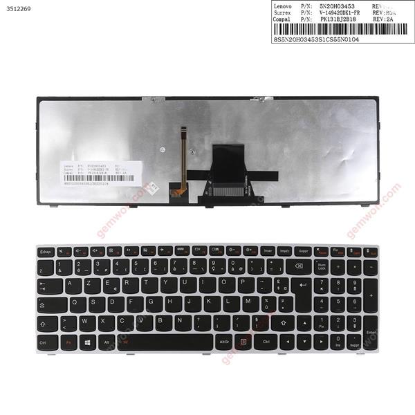 Lenovo G50  SILVER FRAME BLACK  , With  Backlit  (  For  Win 8) FR 5N20H3453 V-149420DK1 PK131BJ2B18 V136520U/V SCNR1980 Laptop Keyboard (OEM-A)