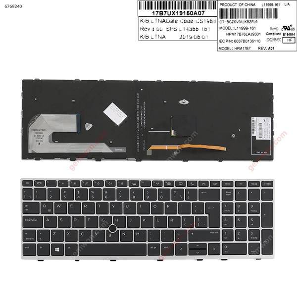 HP EliteBook 850 G5  SILVER FRAME BLACK (Backlit ,  with point )  LA 6037B0136110 Laptop Keyboard (OEM-A)
