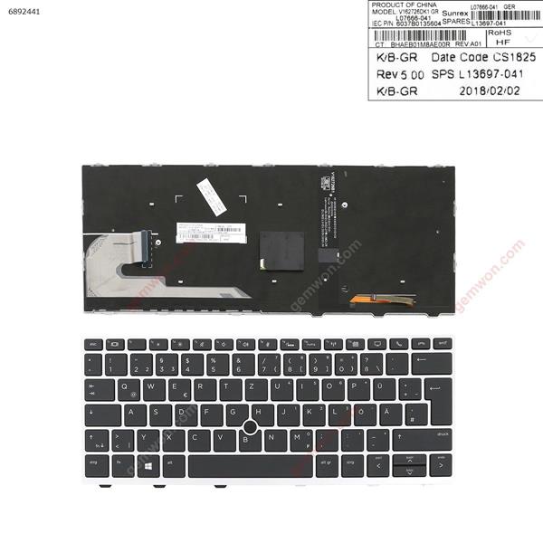 HP EliteBook  830 G5  SILVER FRAME BLACK (with point,Backlit,Win8) GR 2B-BB708I600 Laptop Keyboard (OEM-A)