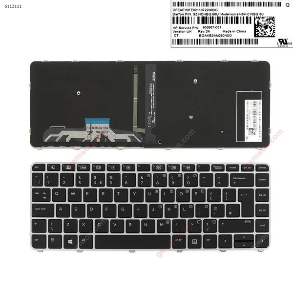 HP EliteBook Folio 1040 G3 SILVER FRAME BLACK (Backlit,Win8) UK 903667-031 Laptop Keyboard (OEM-A)