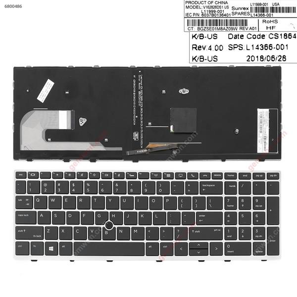 HP Elitebook 850 G5 755 G5 ZBook 15u G5  SILVER  FRAME BLACK (Backlit   ， with point,Win8)（The back buckle is broken） US 6037B0136401 Laptop Keyboard (OEM-A)