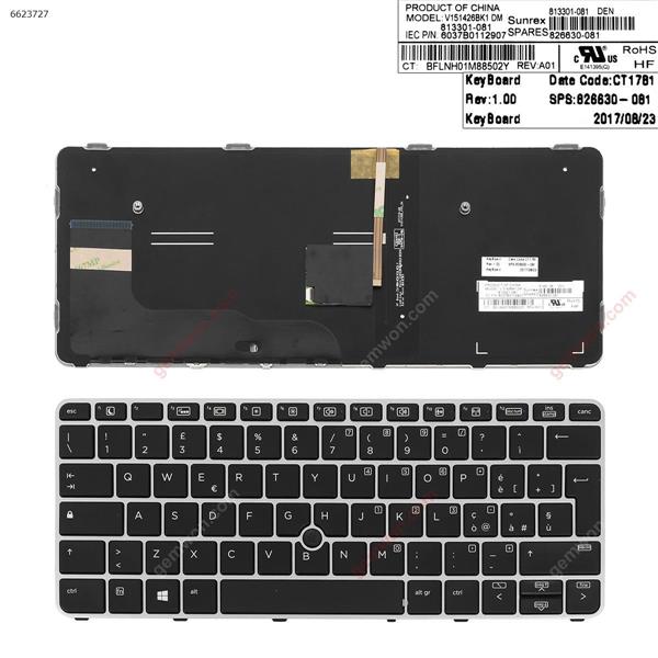 HP EliteBook 820 G3 SILVER FRAME BLACK (with point  ，  Backlit )  IT 6037B0113005 Laptop Keyboard (A+)