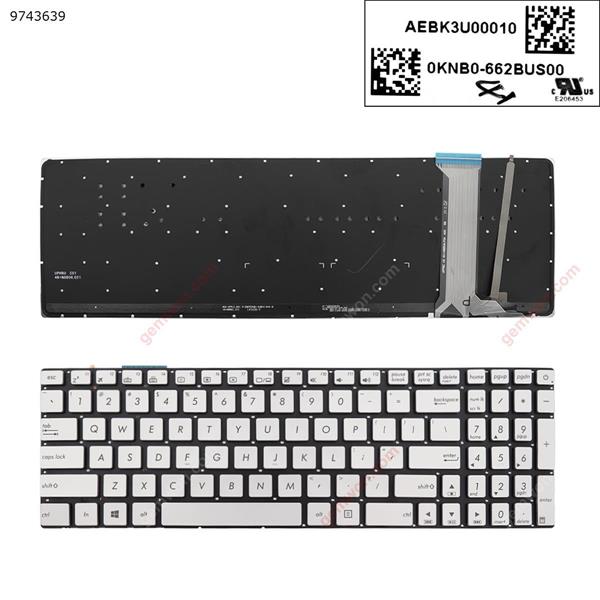 ASUS N551 N551J N551JB N551JK N551JM N551JQ SILVER (Backlit,With foil,Without FRAME) WIN8  US OKNB0-662BUS00 15525001911 UPPBC Laptop Keyboard (OEM-A)
