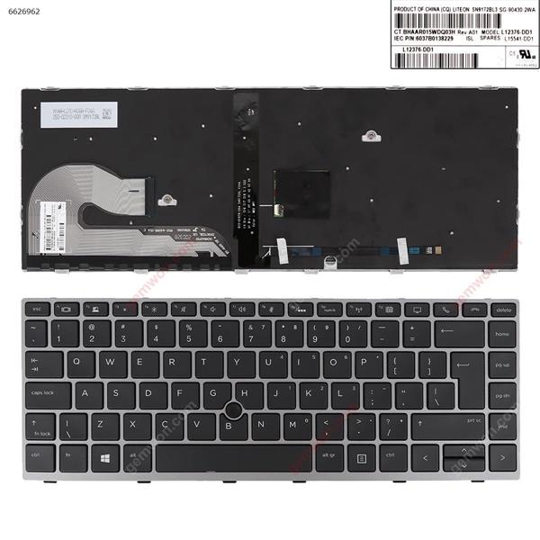 HP EliteBook 840 G5 SILVER FRAME BLACK (with point ， Backlit,Win8) Big Enter US L12376-091 P/N 6037B0138208 Laptop Keyboard (Reprint)