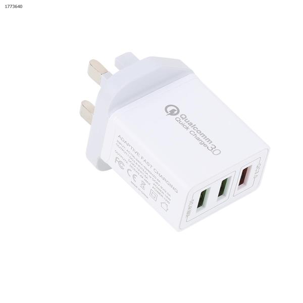 Quick Charge 3.0 USB Fast Wall Charger, 30W 3 Ports USB Travel Quick Charger Adapter QC 3.0 Fast Charging Block Plug suitable for iPhone, Samsung S9/S9+/S8/S7/S6 socket Charger & Data Cable White UK