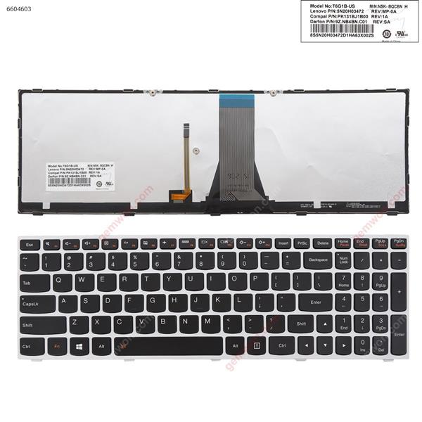 LENOVO  G50  SILVER FRAME BLACK (Backlit，with frame,WIN 8) US 5N2OHO3468  V-149420DS1-US  PK131BJ2B00 Laptop Keyboard (A)