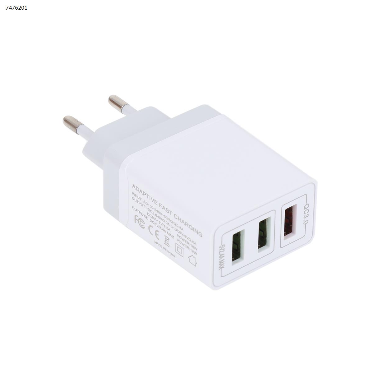 Quick Charge 3.0 USB Fast Wall Charger, 30W 3 Ports USB Travel Quick Charger Adapter QC 3.0 Fast Charging Block Plug suitable for iPhone, Samsung S9/S9+/S8/S7/S6 socket Charger Charger & Data Cable White EU