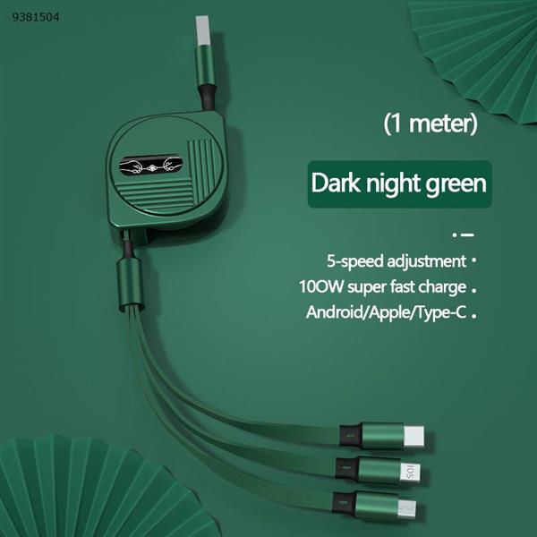 Lunar telescopic 100W one-to-three fast charging data cable for Android Apple TYPE-C three-in-one charging cable green Charger & Data Cable XKS-87